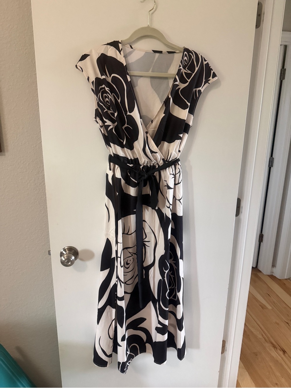 Black and White Floral Midi Wrap Dress with Waist Tie